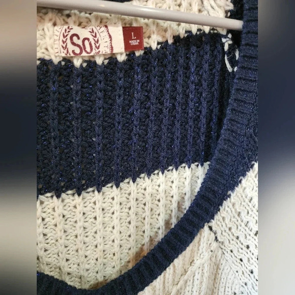 SO Striped Open-Knit Sweater Navy White Crochet Long Sleeve Lightweight Preppy L - Picture 3 of 4